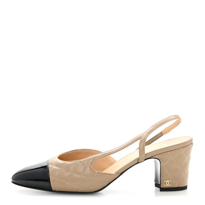 Chanel Lambskin Patent Calfskin Quilted Cap Toe CC Slingback Pumps 40 Beige Black 1 of 10