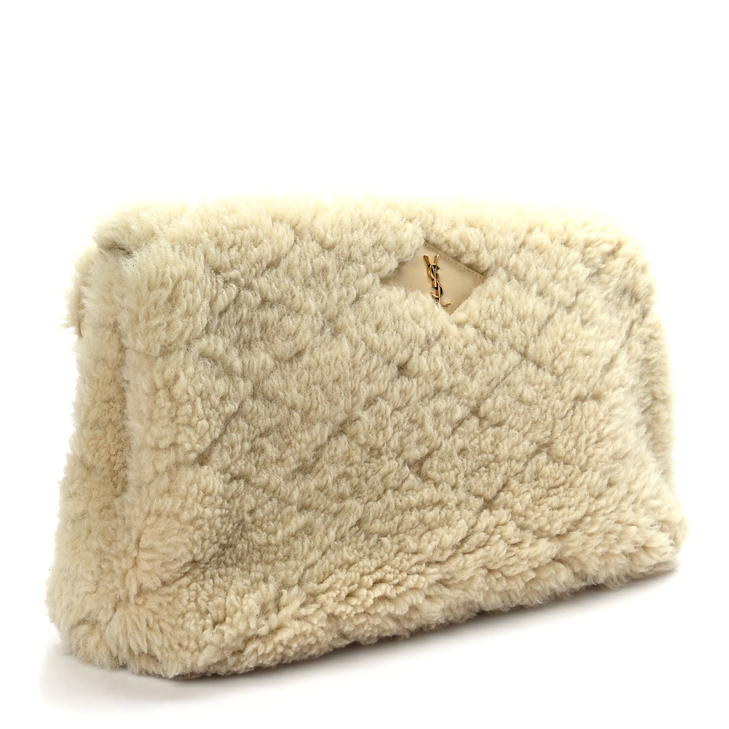 Saint Laurent Shearling Lambskin Quilted Sade Puffer Envelope Clutch Natural Beige 3 of 9