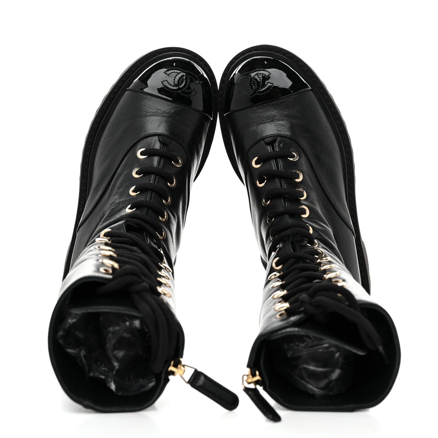 Crumpled Calfskin Patent Cap Toe Lace Up Combat Boots 35 Black