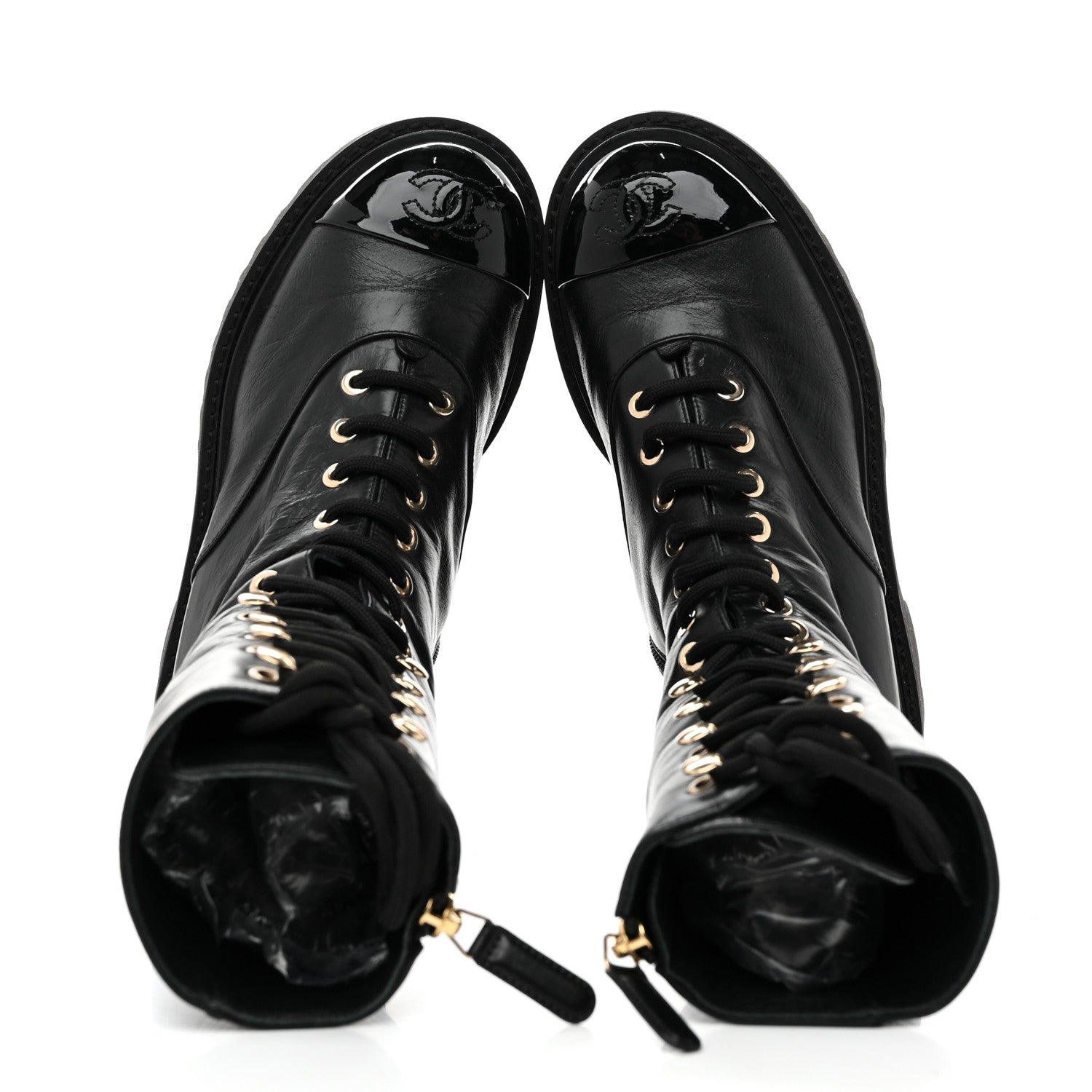 Chanel Crumpled Calfskin Patent Cap Toe Lace Up Combat Boots 35 Black 2 of 9
