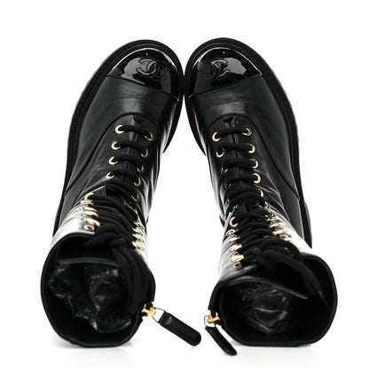 Chanel Crumpled Calfskin Patent Cap Toe Lace Up Combat Boots 35 Black 2 of 9
