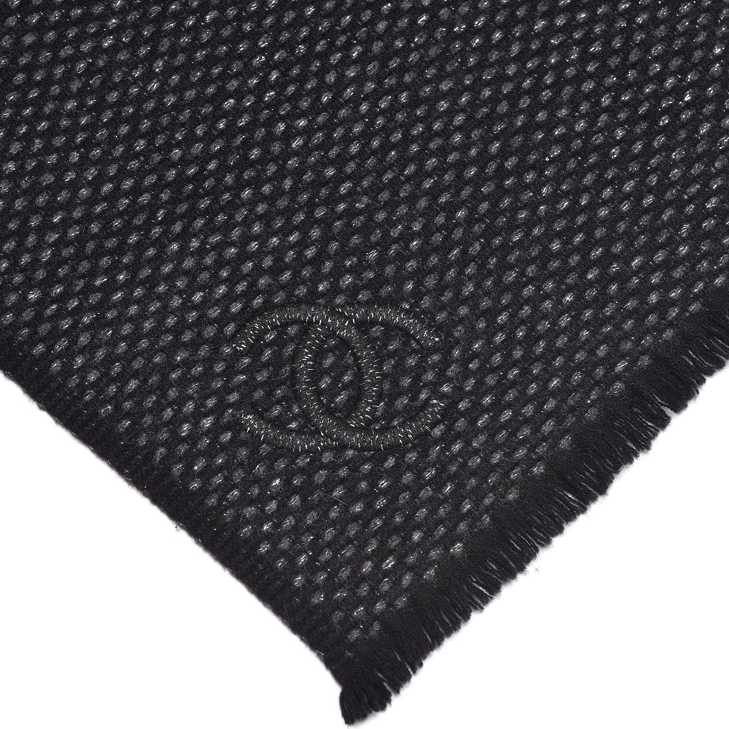 Chanel Cashmere CC Woven Scarf Black Grey 4 of 4