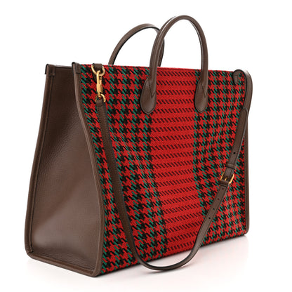 Gucci Cotton Wool Textured Calfskin Houndstooth Woven Large Interlocking G Tote Red Green Ivory Multicolor New Acero 2 of 11