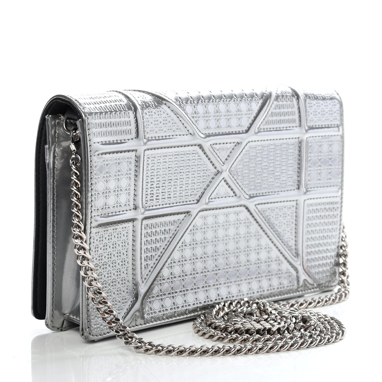 Christian Dior Metallic Patent Micro-Cannage Diorama Wallet on Chain Pouch Silver 2 of 4