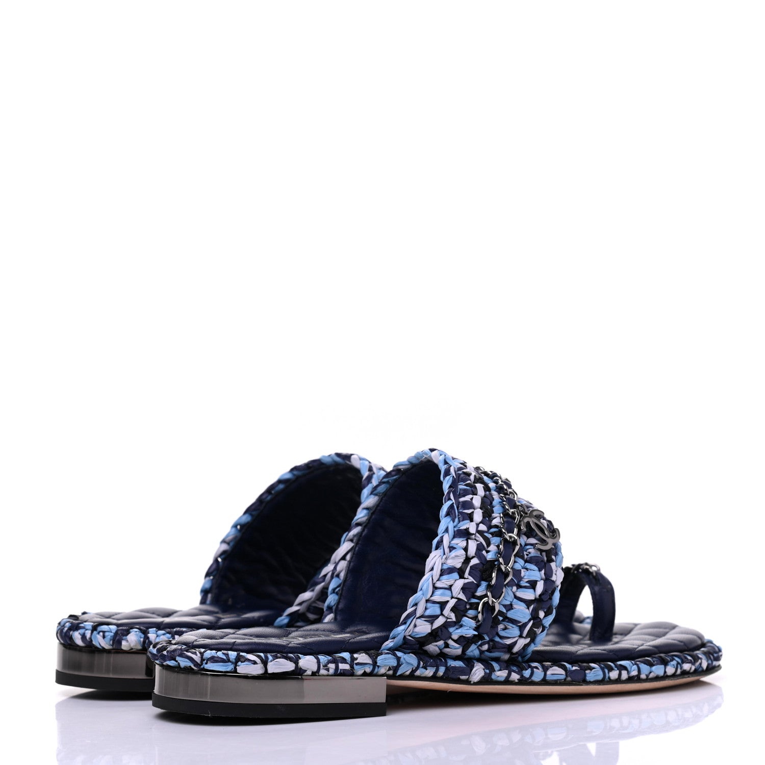 Chanel Lambskin Raffia Chain Flat Sandals 36 Blue Black 4 of 13