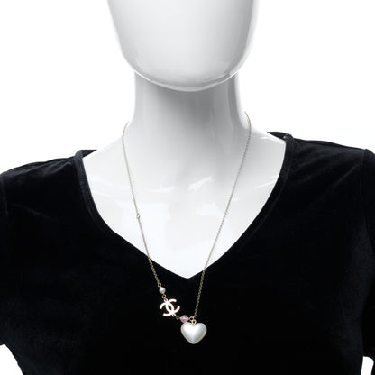 Chanel Resin Crystal CC Heart Necklace Pearly White Gold 2 of 6