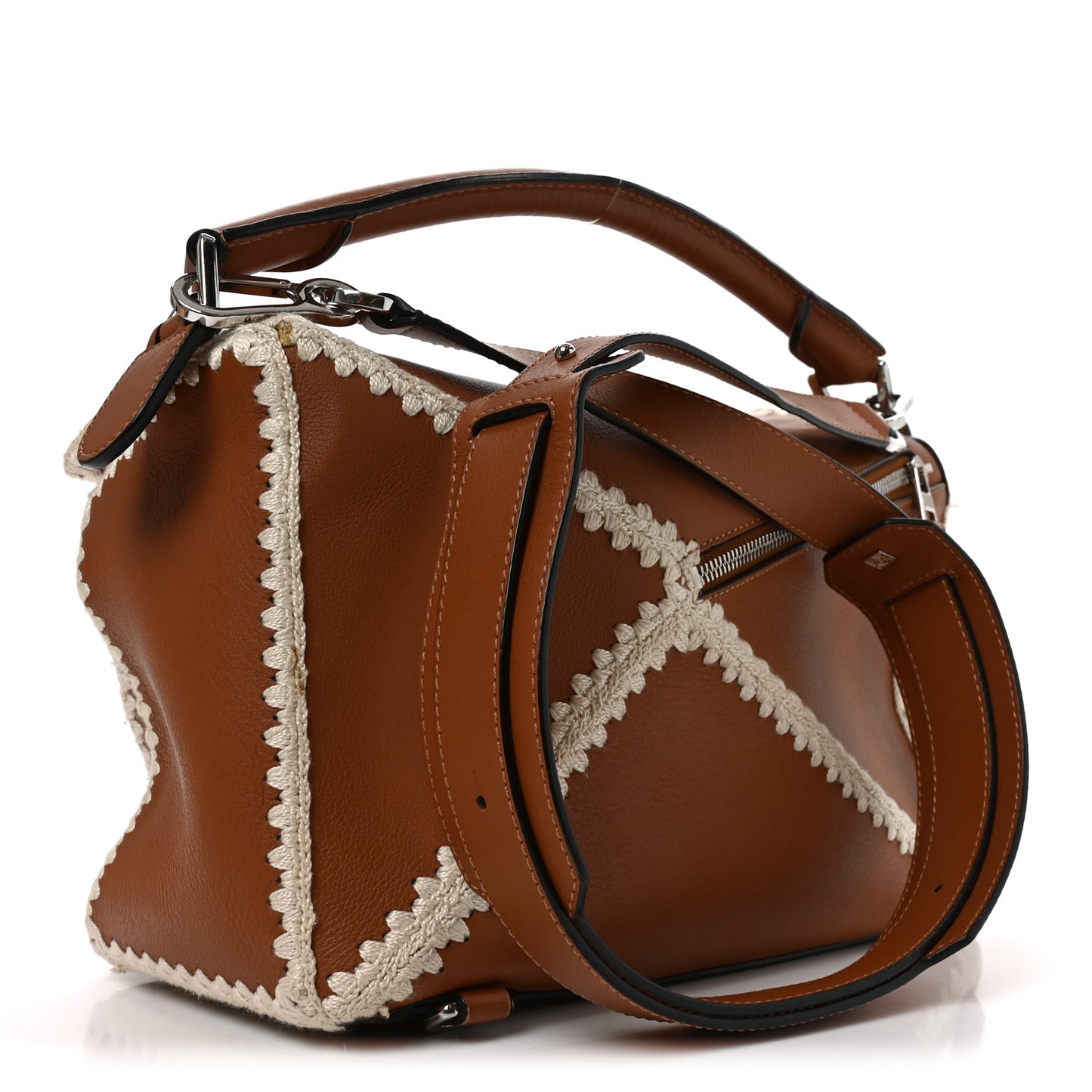 Calfskin Crochet Trim Medium Puzzle Bag Tan