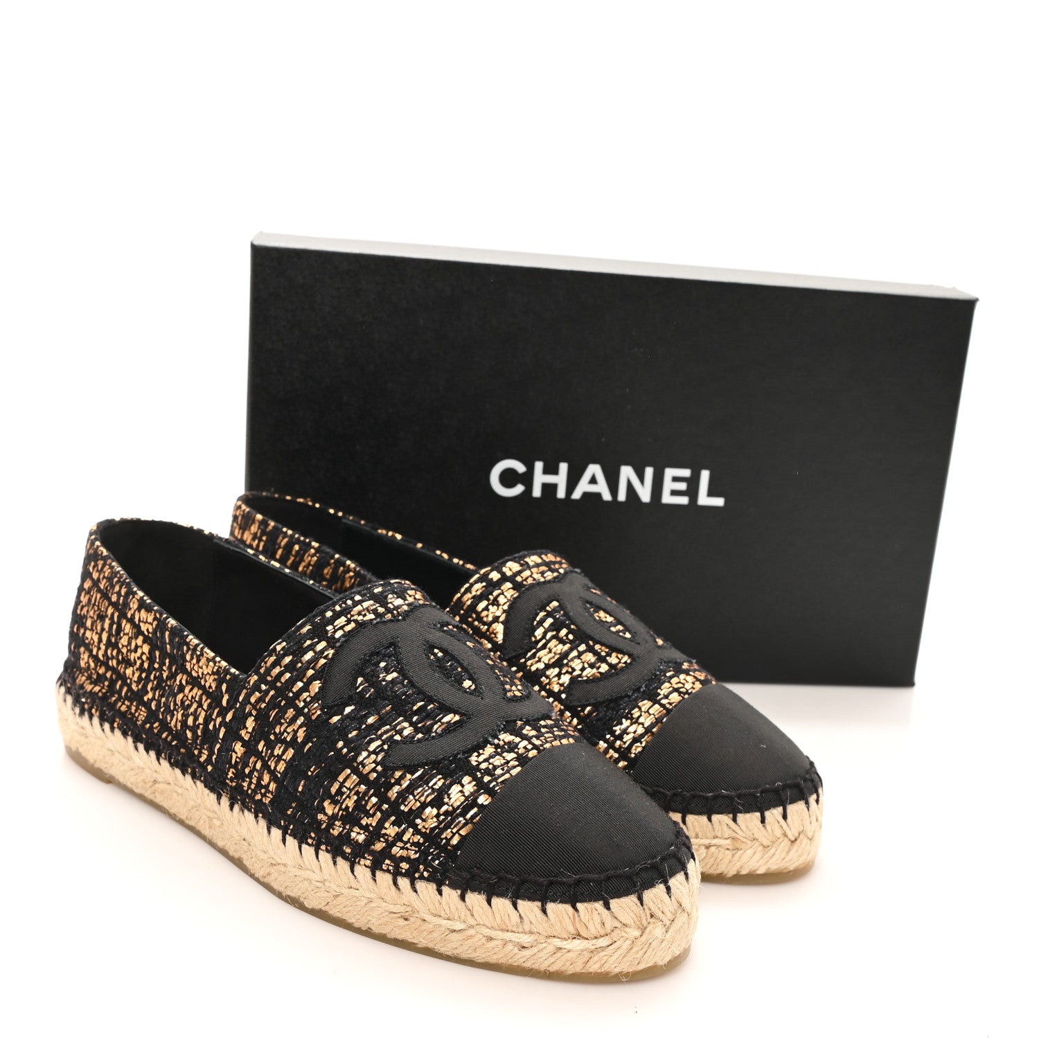 Chanel Metallic Tweed Grosgrain CC Espadrilles 38 Gold Black 11 of 11