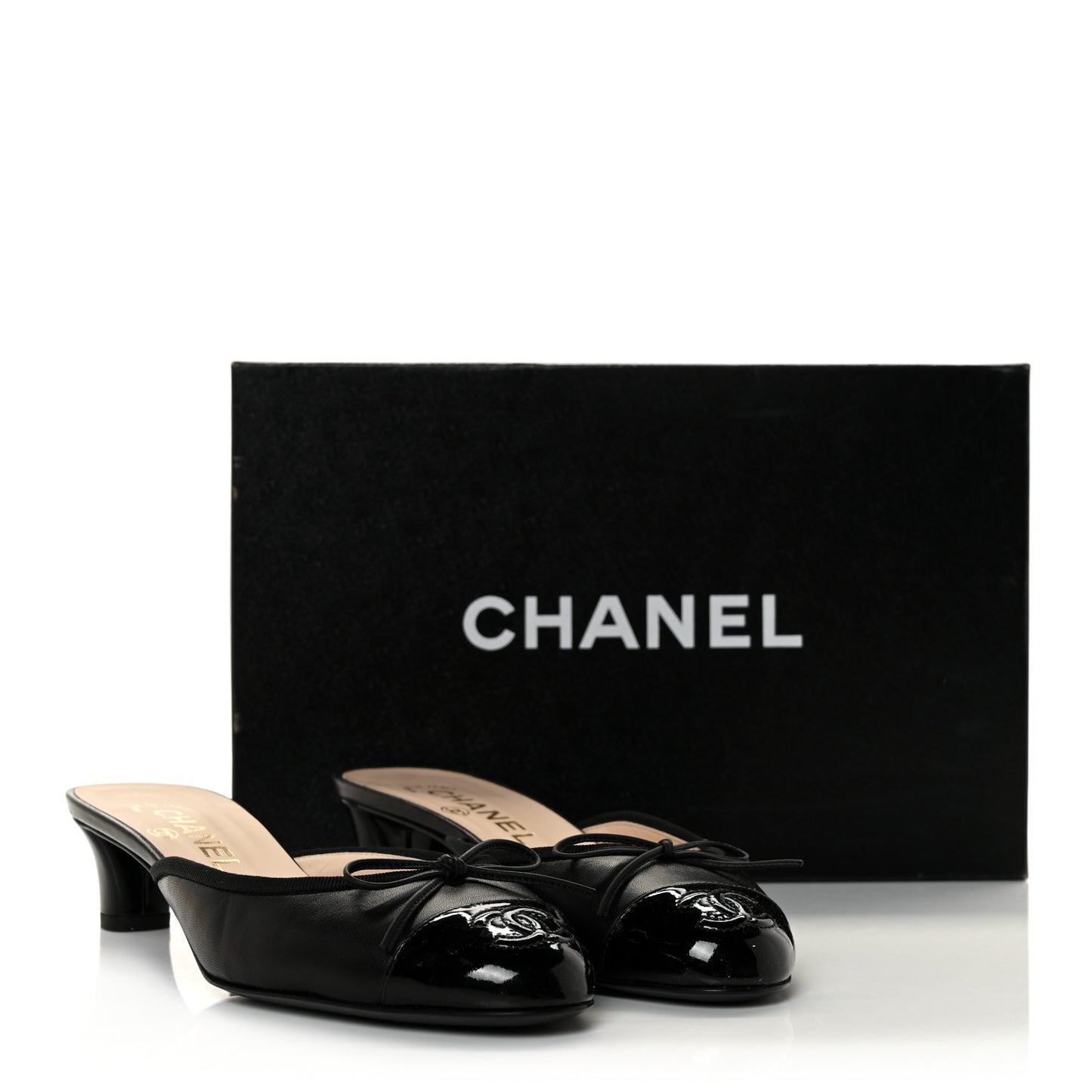Lambskin Patent Cap Toe CC Mules 37 Black