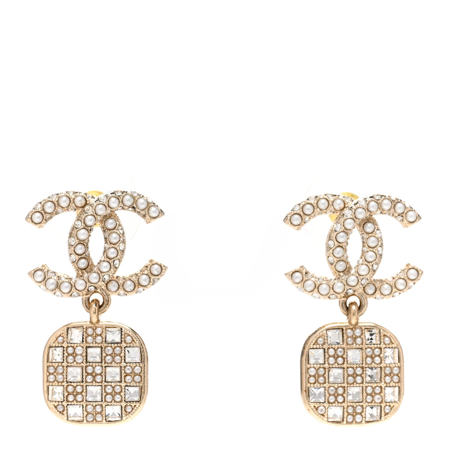 Pearl Baguette Crystal CC Drop Earrings Gold