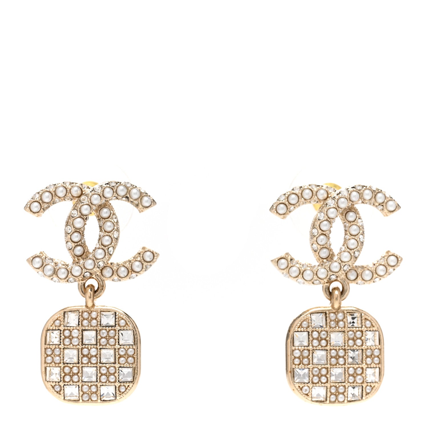 Chanel Pearl Baguette Crystal CC Drop Earrings Gold 1 of 5