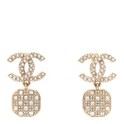 Chanel Pearl Baguette Crystal CC Drop Earrings Gold 1 of 5