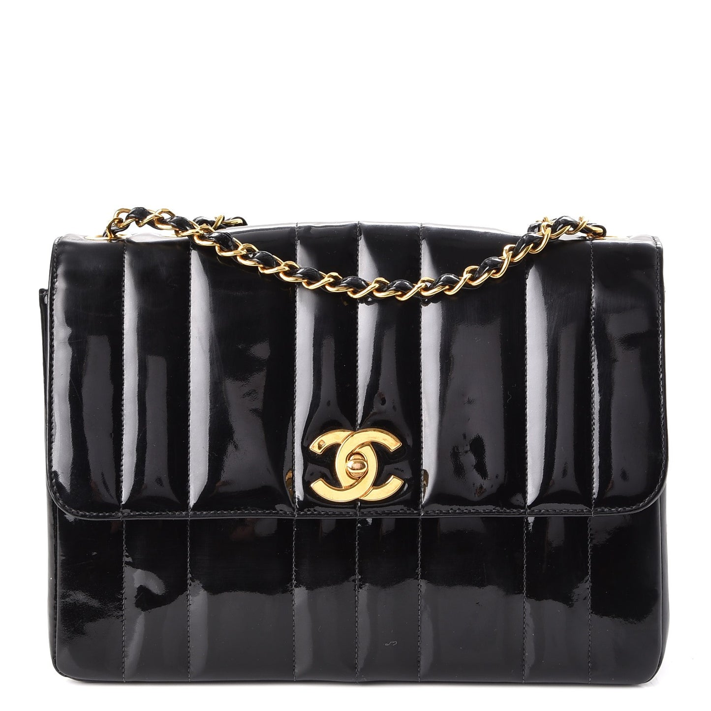 Patent Vertical Quilted Medium Single Flap Black