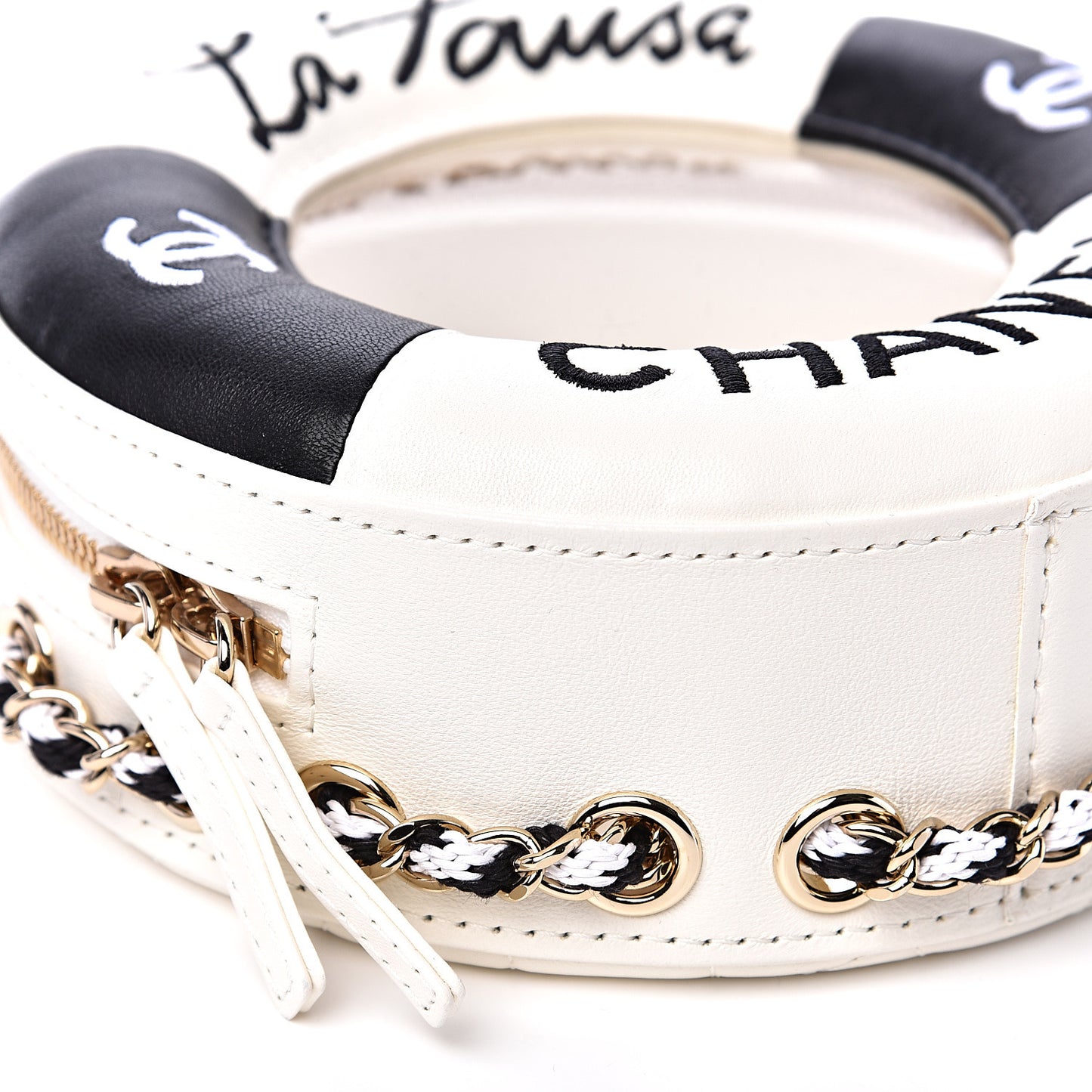 Lambskin Coco Lifesaver Round Bag Black White