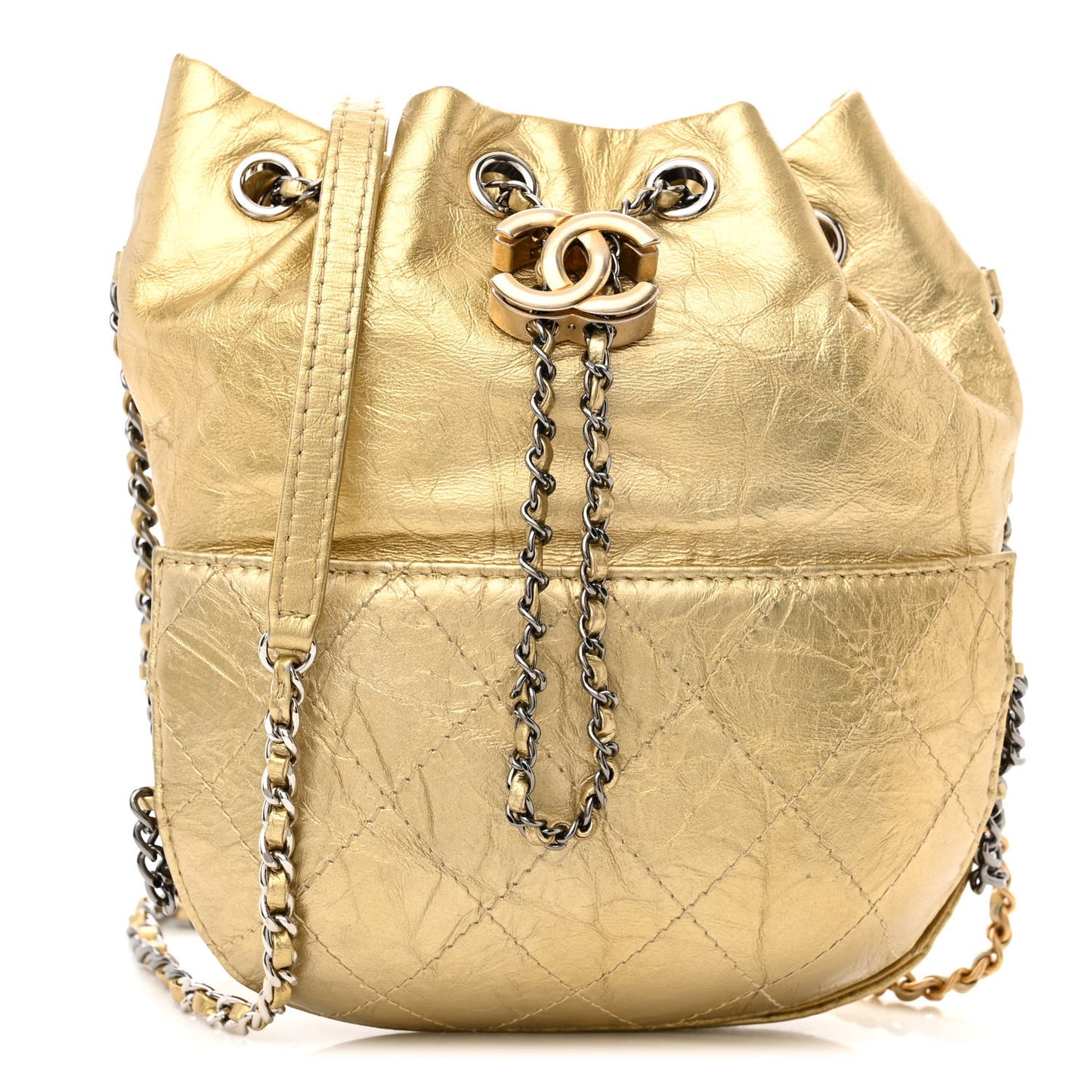 Metallic Aged Calfskin Quilted Small Gabrielle Bucket Gold