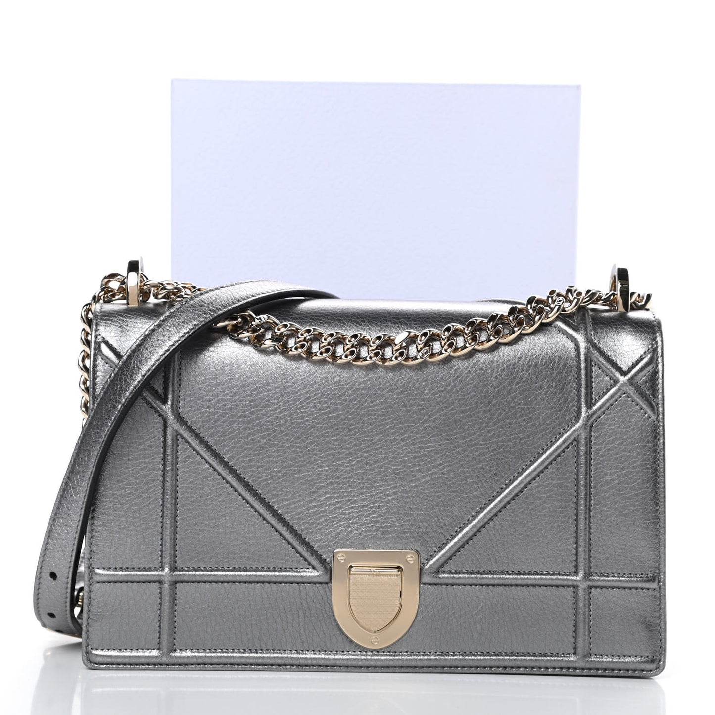 Metallic Grained Calfskin Medium Diorama Flap Bag Silver