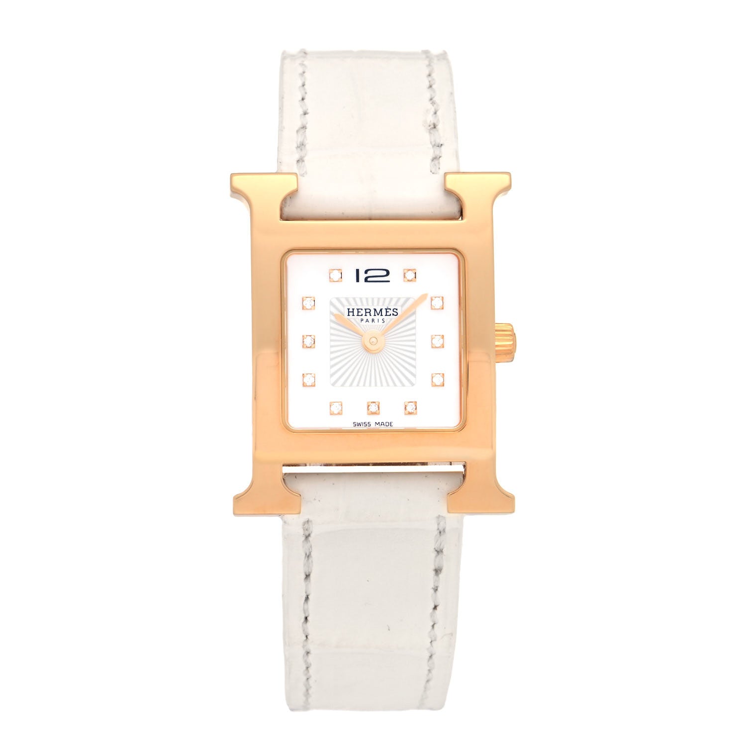 Hermes Stainless Steel Alligator Diamond Mother of Pearl 21mm Heure H Hour Quartz Watch Blanc 1 of 5