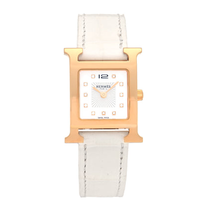 Hermes Stainless Steel Alligator Diamond Mother of Pearl 21mm Heure H Hour Quartz Watch Blanc 1 of 5