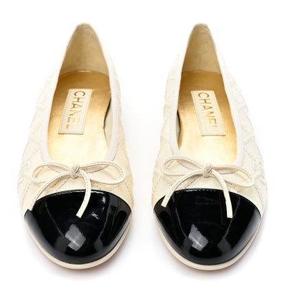 Chanel Lambskin Patent Double Stitched CC Cap Toe Ballerina Flats 36 Ivory Black 2 of 9