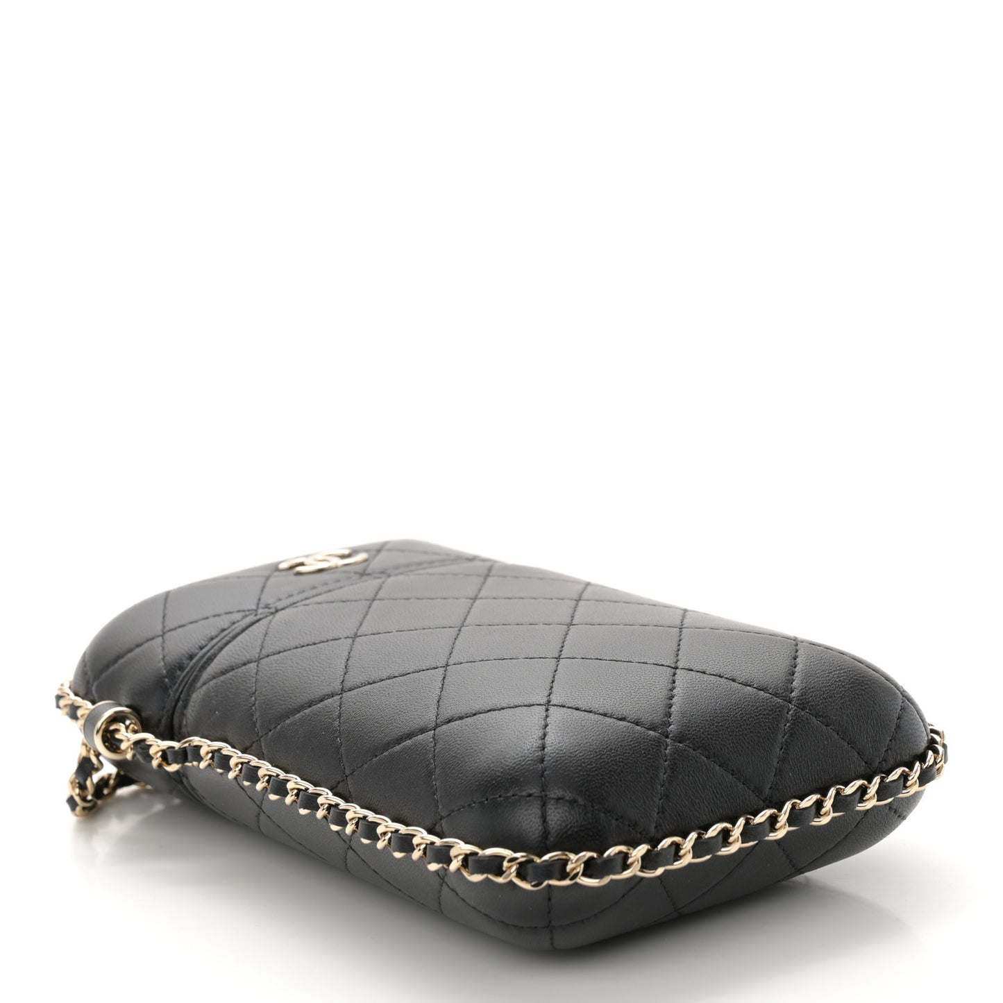 Lambskin Quilted Chain Around Phone Holder Black