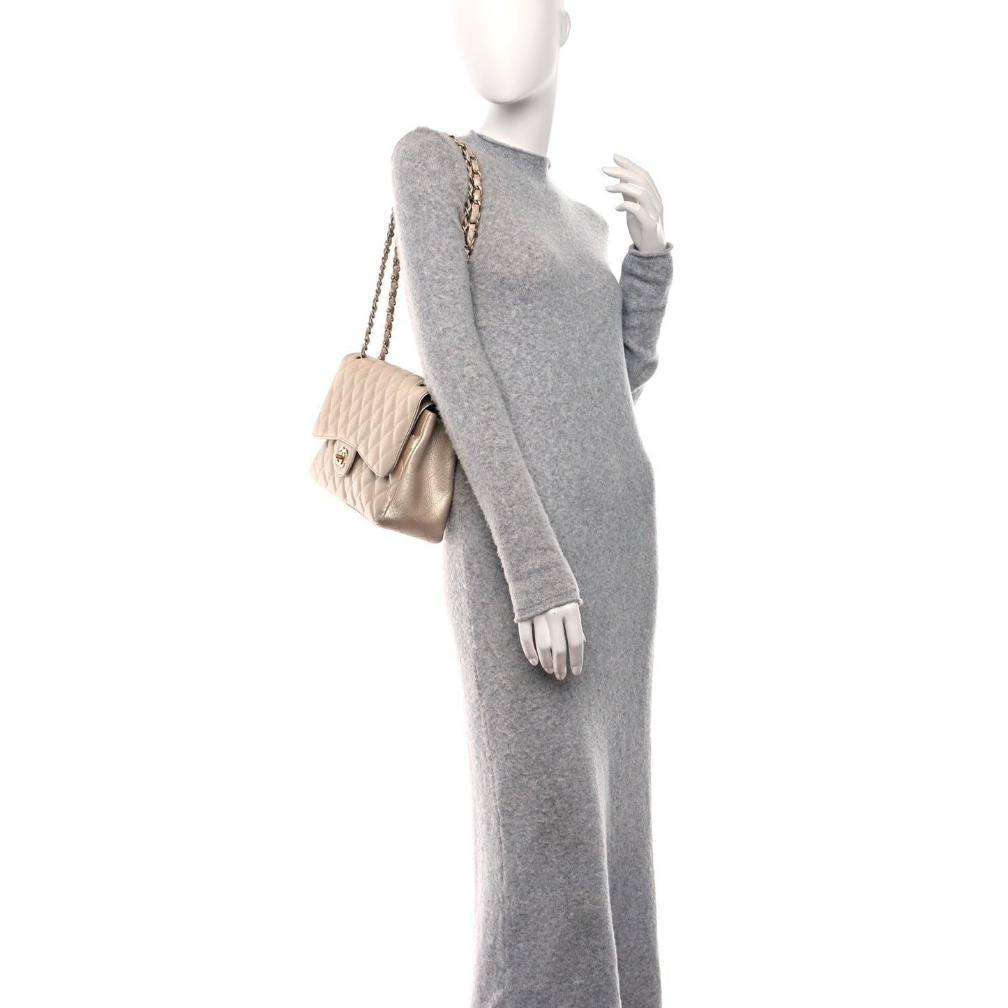 Iridescent Caviar Quilted Jumbo Double Flap Beige