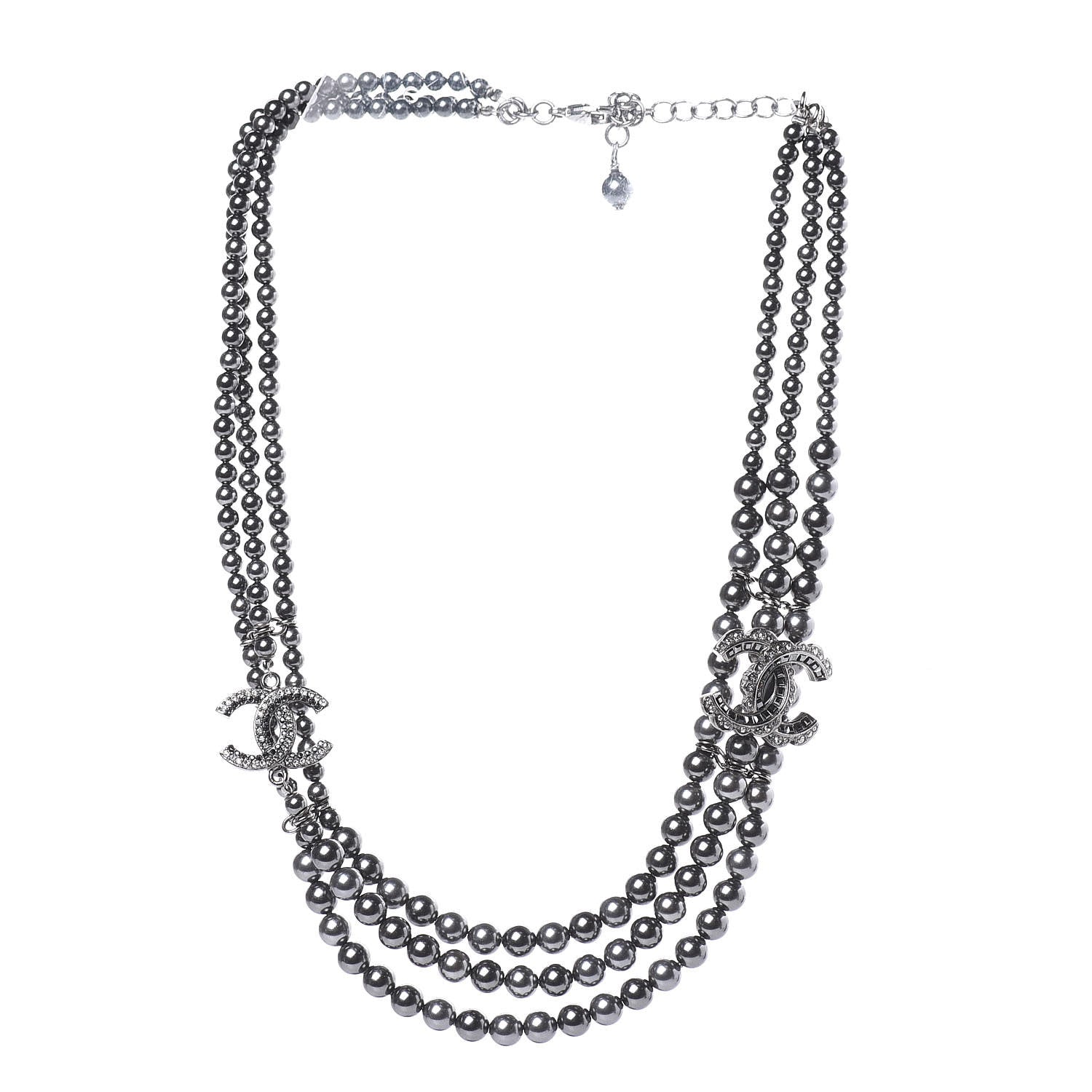 Chanel Pearl Crystal CC Triple Strand Necklace Dark Grey 3 of 4