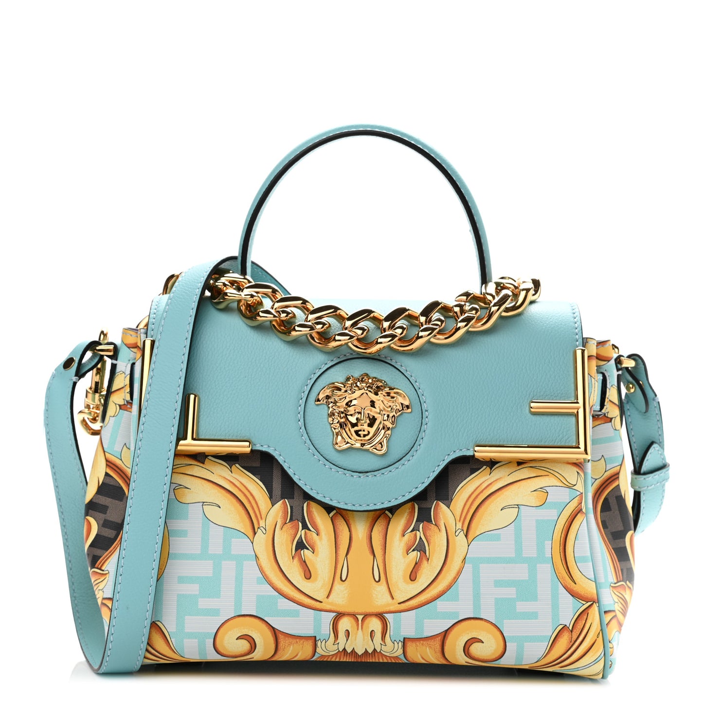 X FENDI Grained Calfskin Fendace La Medusa Medium Top Handle Bag Baby Blue Multicolor