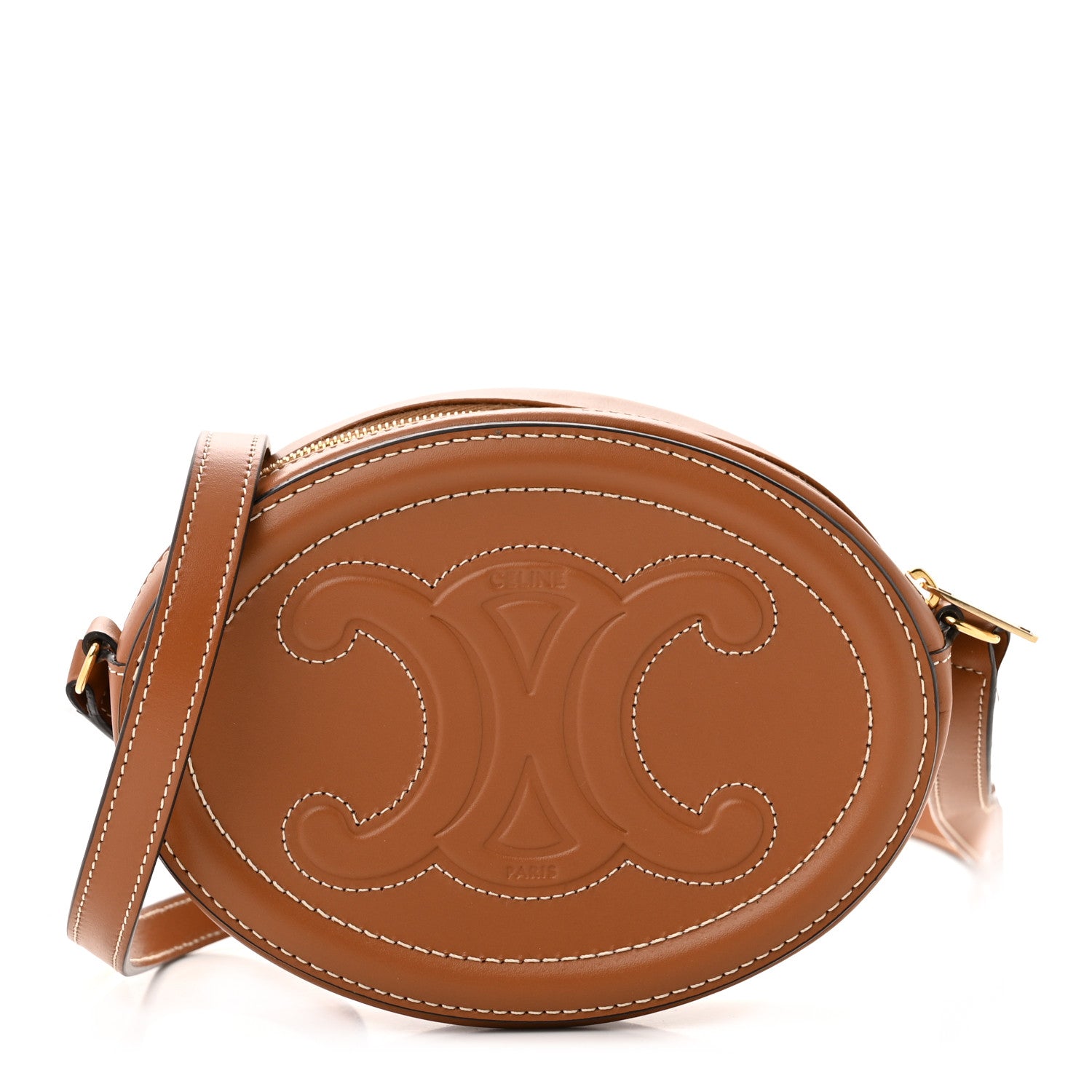 Celine Smooth Calfskin Cuir Small Triomphe Oval Crossbody Purse Tan 1 of 10