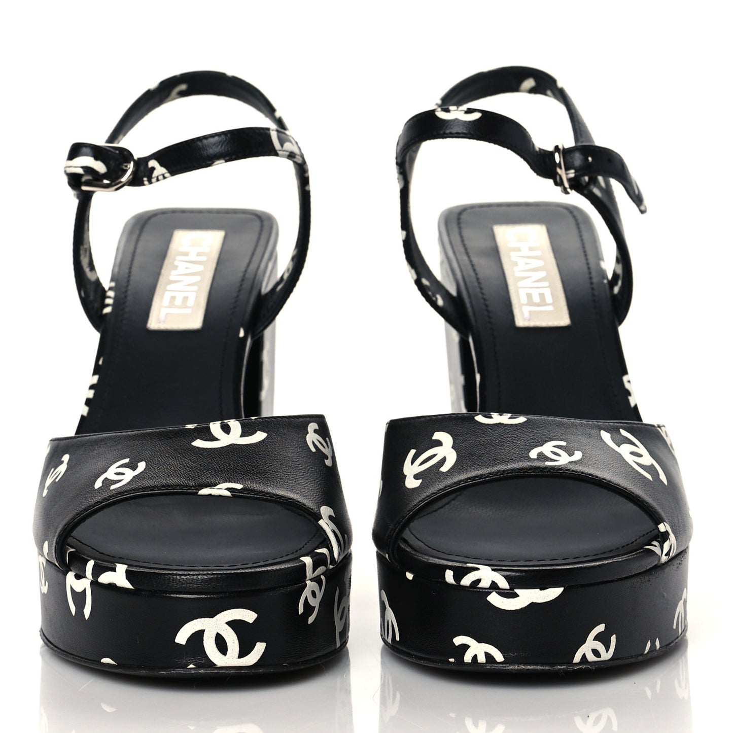 Printed Lambskin CC Platform Sandals 41 Black White