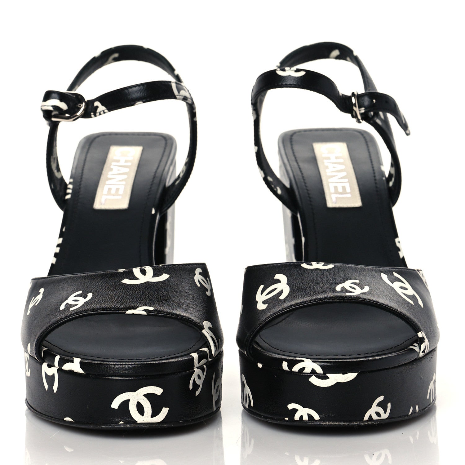 Chanel Printed Lambskin CC Platform Sandals 41 Black White 3 of 16