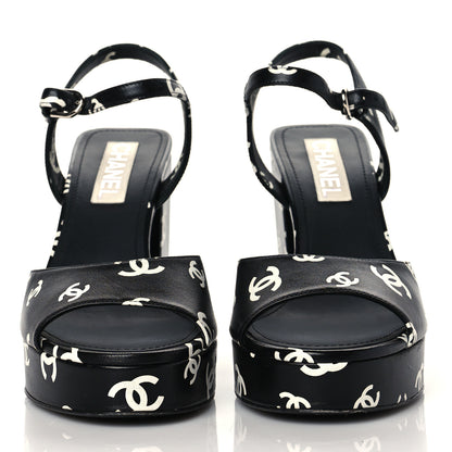 Chanel Printed Lambskin CC Platform Sandals 41 Black White 3 of 16
