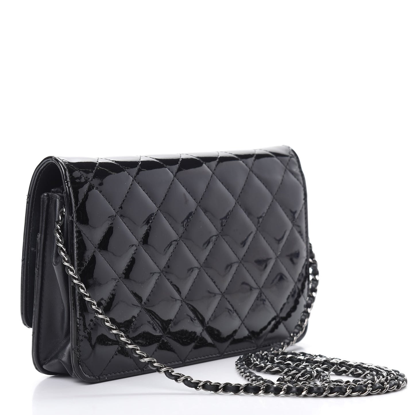 Patent Quilted Golden Class Wallet on Chain WOC Black