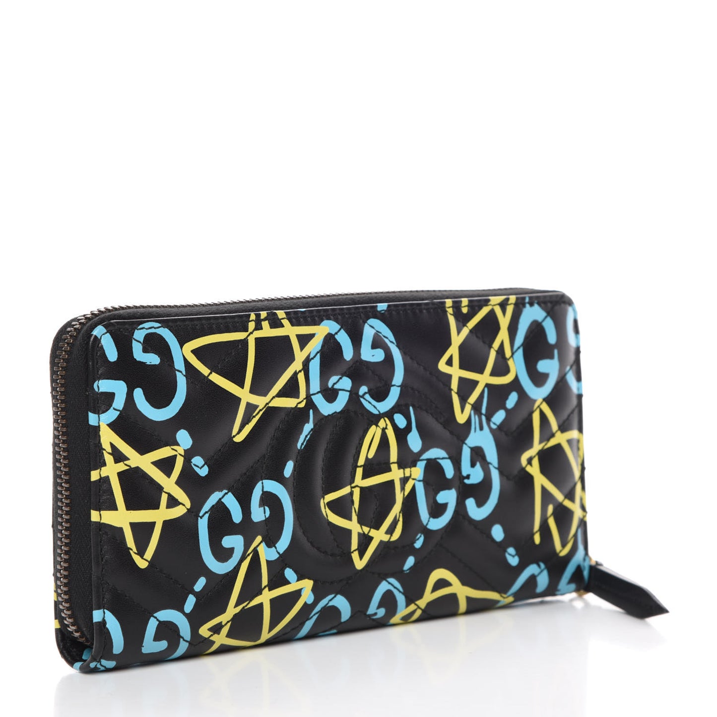 Calfskin Matelasse GucciGhost GG Marmont Zip Around Wallet Black New Acquamarine