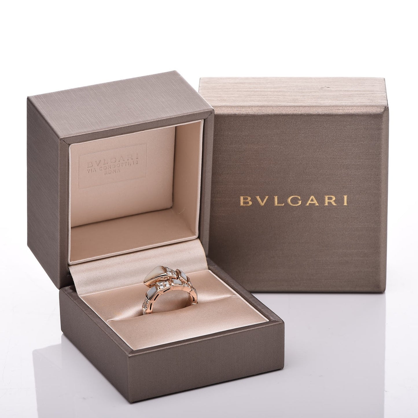 BVLGARI 18K Rose Gold Diamond Mother of Pearl Serpenti Ring S 49 5