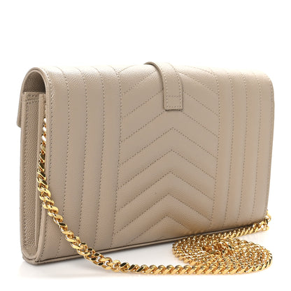 Saint Laurent Grain De Poudre Mixed Matelasse Triquilt Monogram Chain Wallet Dark Beige 3 of 9