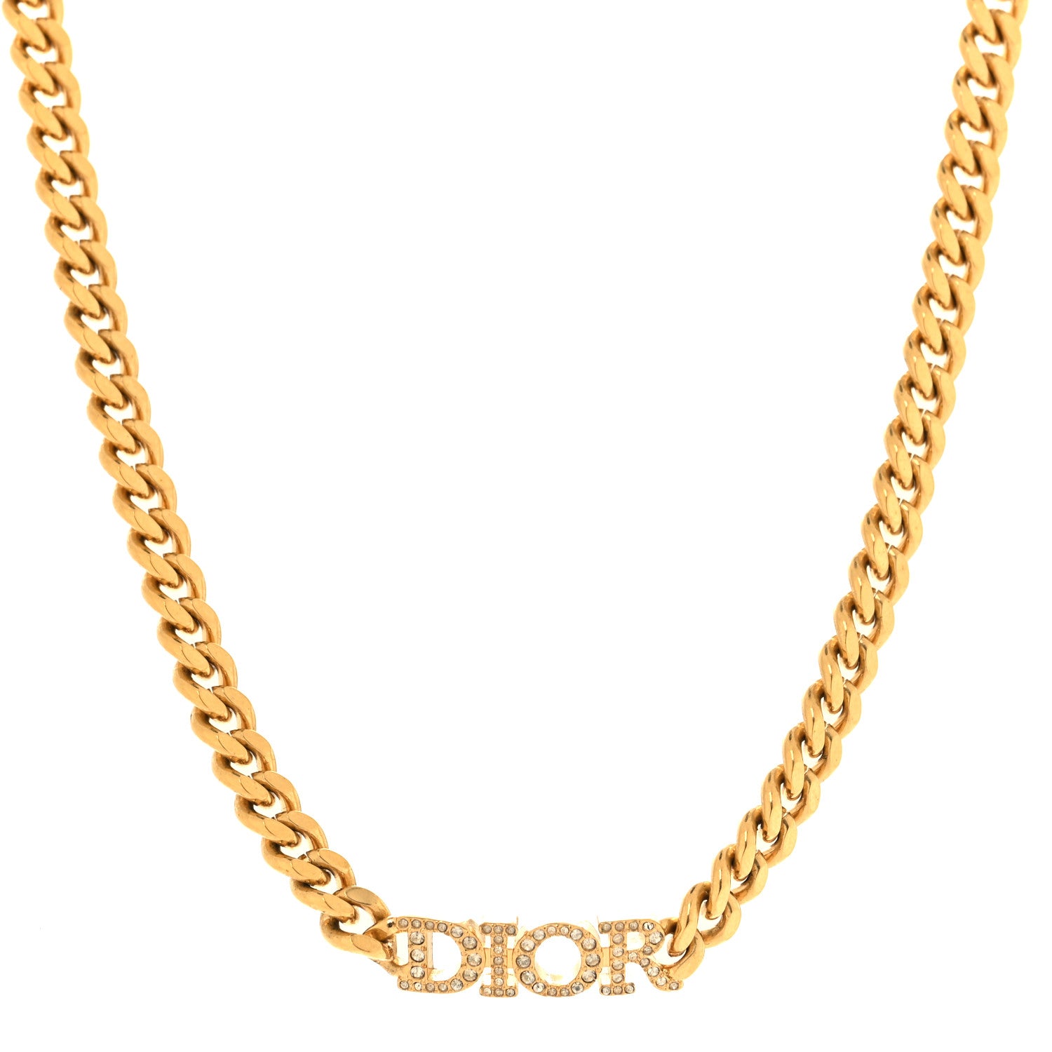 Christian Dior Metal Crystal Chain Logo Necklace Gold 1 of 4