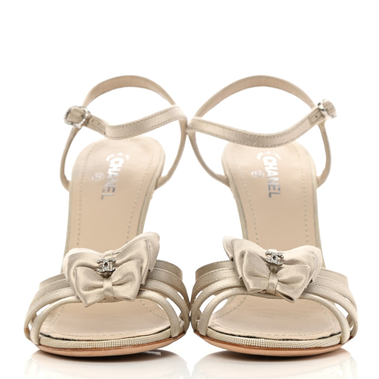 Satin Crystal Bow Sandals 37 Beige