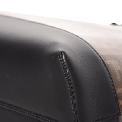 Fendi Glazed Fabric Vitello Century FF 1974 Stamp Patch Shopping Tote Mogano Panna Black 12 of 14