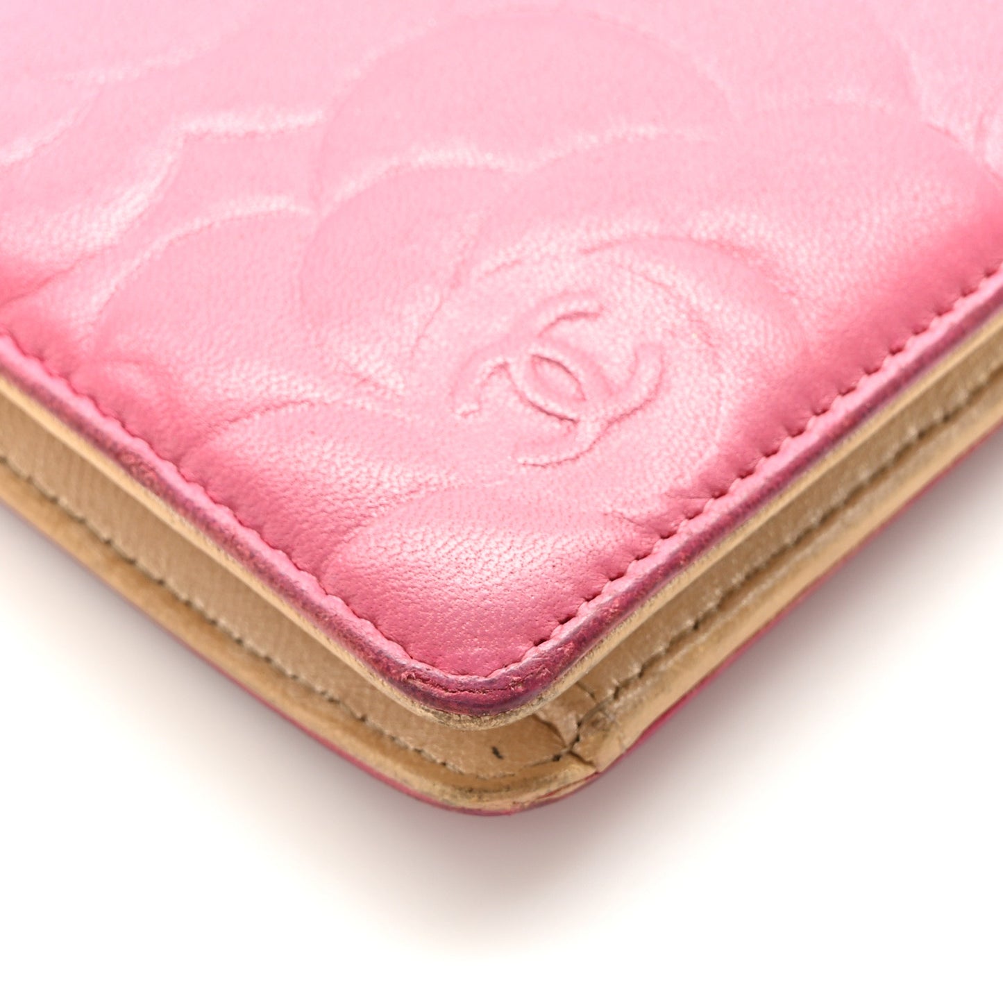 Lambskin Camellia Embossed Yen Wallet Fuchsia