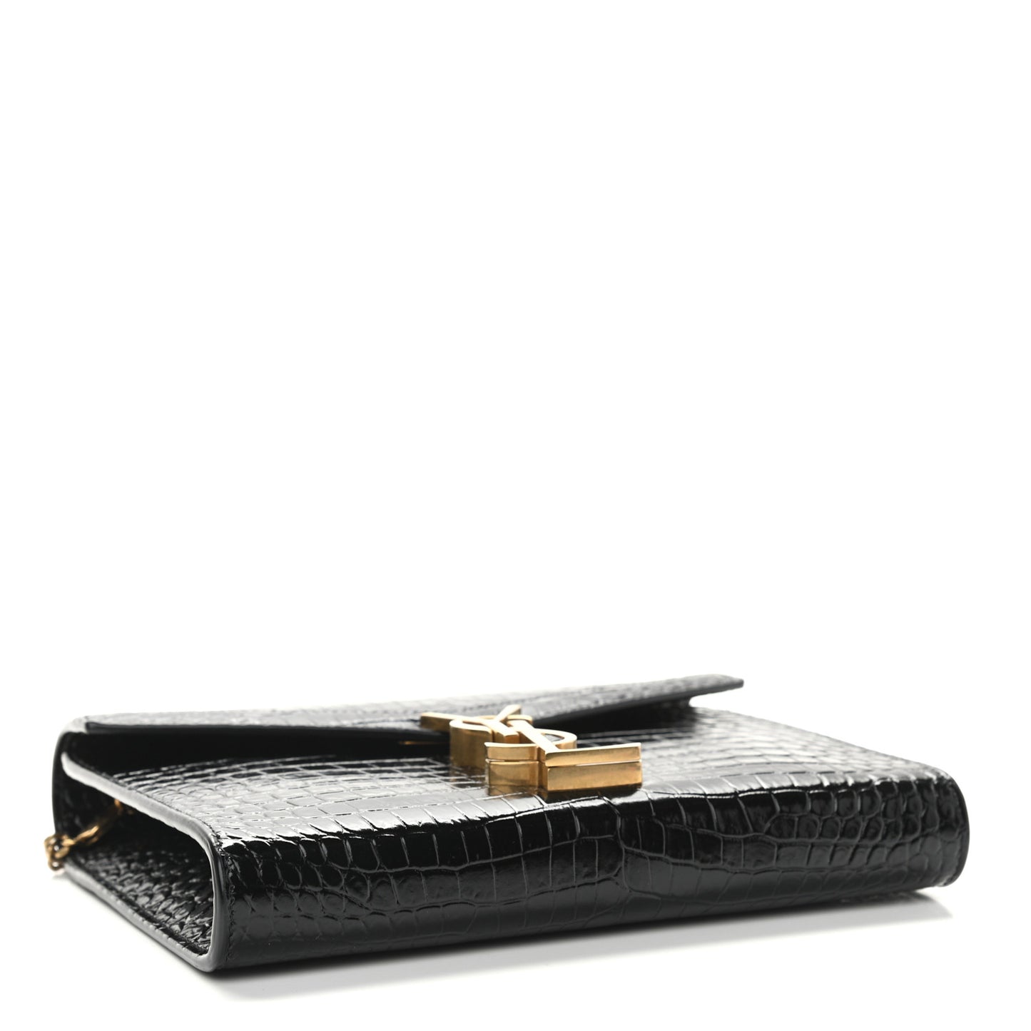 Calfskin Crocodile Embossed Monogram Cassandra Chain Wallet Black