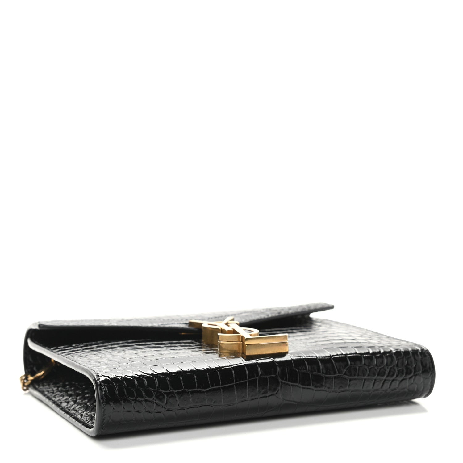 Saint Laurent Calfskin Crocodile Embossed Monogram Cassandra Chain Wallet Black 4 of 10