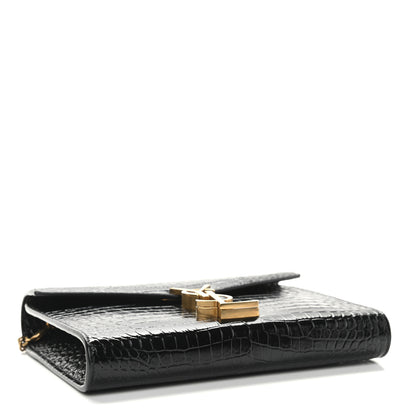 Saint Laurent Calfskin Crocodile Embossed Monogram Cassandra Chain Wallet Black 4 of 10
