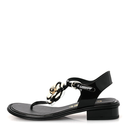 Chanel Patent Calfskin Camellia Thong Sandals 37 Black White 1 of 14