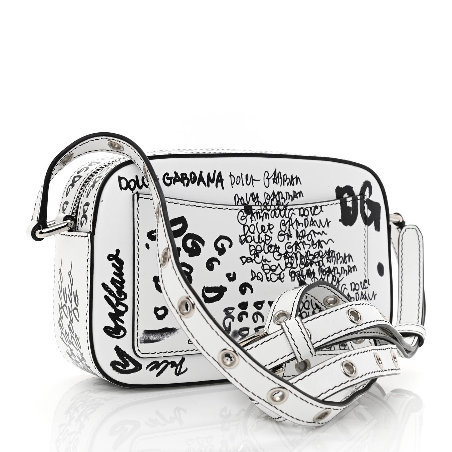 Calfskin DG Graffiti Print Camera Crossbody White