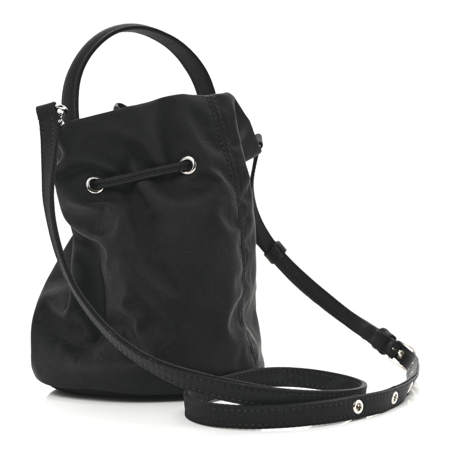 Balenciaga Recycled Sport Nylon Logo Embroidered Wheel Drawstring Bucket Bag Black White Black White 3 of 10