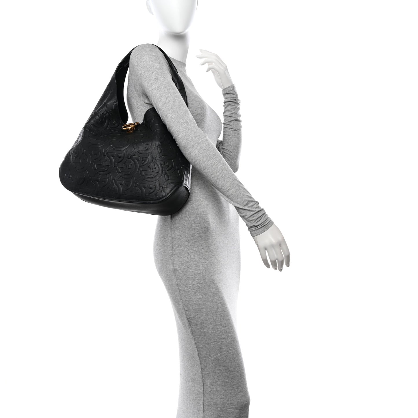 SALVATORE FERRAGAMO Calfskin Embossed Gancini Margot Hobo Black
