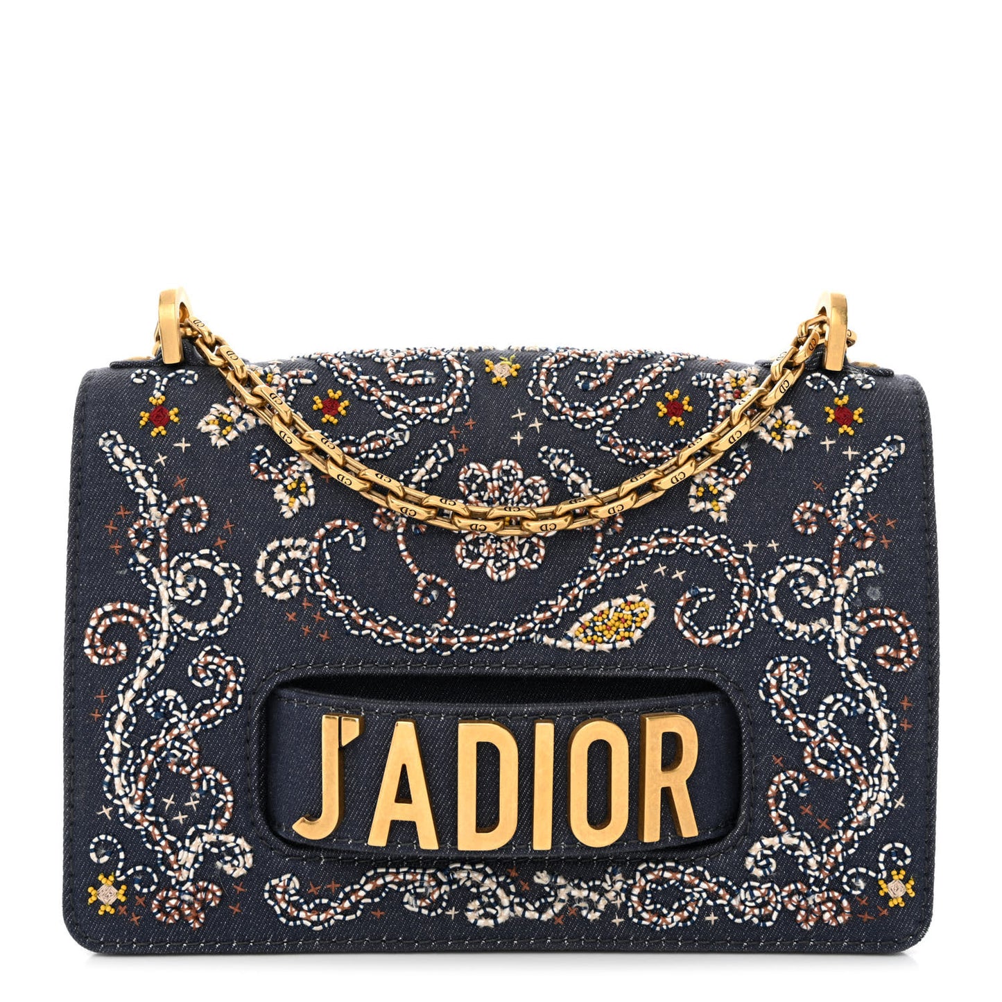 Denim Bead Embroidered J'Adior Chain Flap Bag Blue Multicolor
