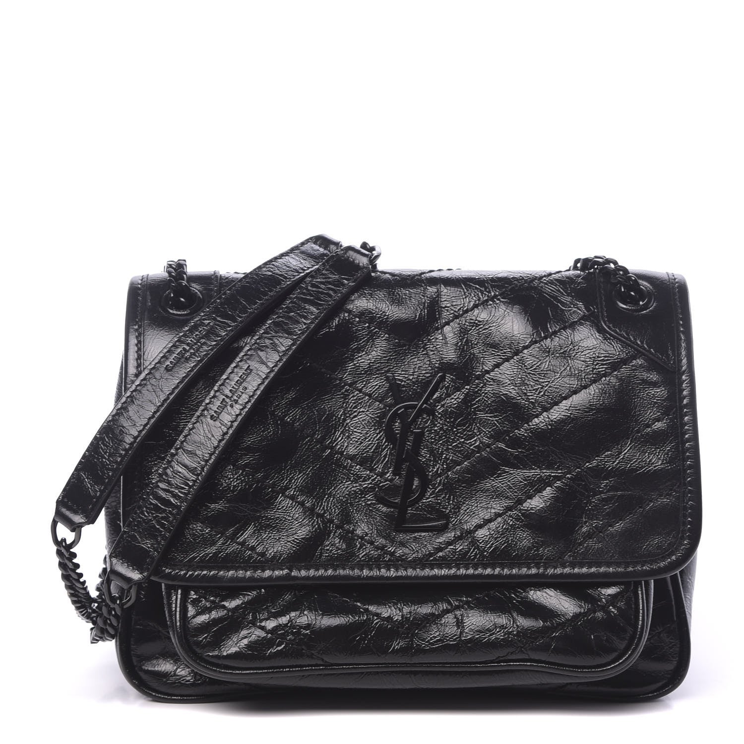 Saint Laurent Crinkled Calfskin Matelasse Monogram Baby Niki Chain Satchel Black 1 of 9