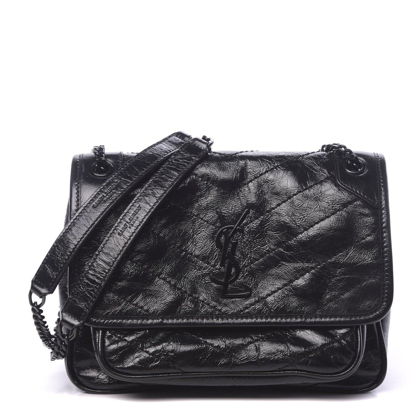 Crinkled Calfskin Matelasse Monogram Baby Niki Chain Satchel Black