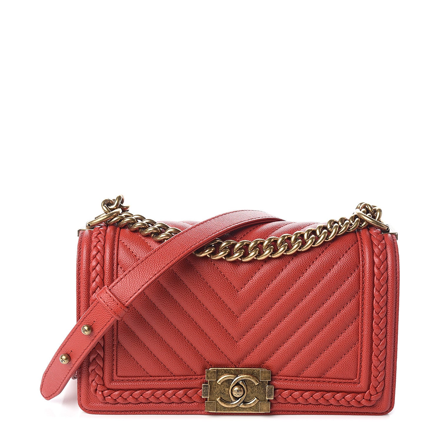 Chanel Caviar Chevron Quilted Braided Medium Boy Flap Red 1 of 10